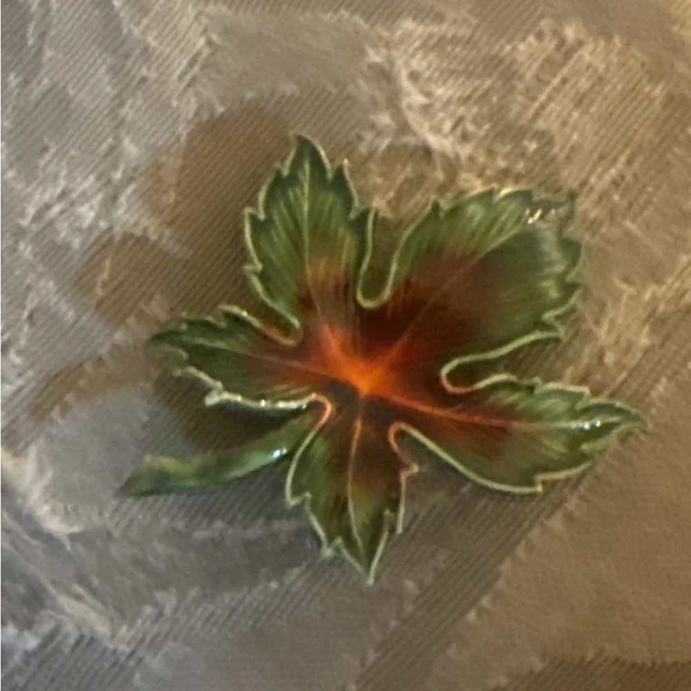 Brooch Artistic Green and Orange enamel Leaf . Mid century. More pics to come